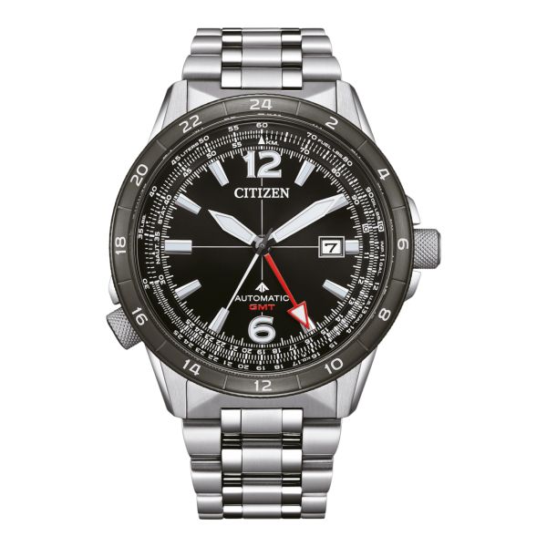 Montre Citizen Promaster Sky Mechanical GMT automatique cadran noir bracelet acier 44,5 mm