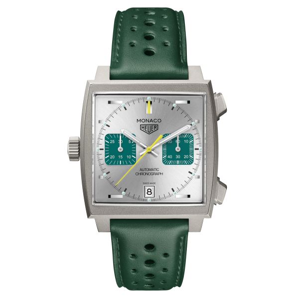 Montre TAG Heuer Monaco Chronograph Racing Green automatique cadran argenté bracelet cuir vert 39 mm CAW218E.FC6565