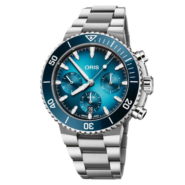 Montre Oris Plongée Aquis Chronographe automatiquee cadran bleu bracelet acier 43,5 mm