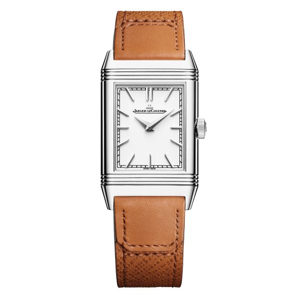 Jaeger-LeCoultre Reverso Tribute Monoface Midsize manual silvered grey dial brown leather strap