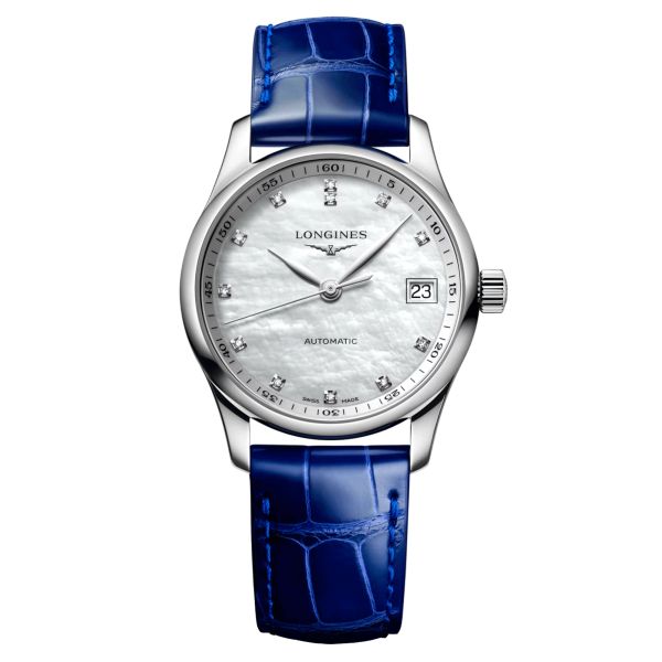 Longines Master Collection automatic watch diamond markers white mother-of-pearl dial blue leather strap 34 mm L2.357.4.87.0