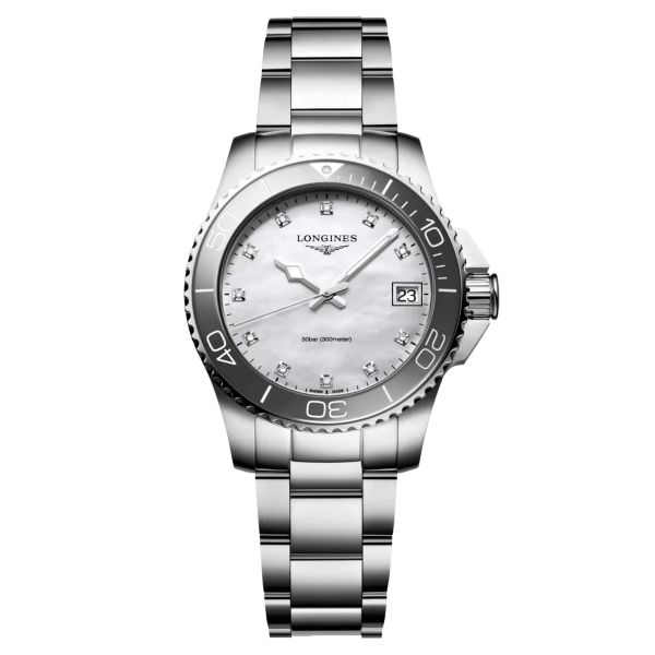 Longines HydroConquest quartz watch diamond index white mother-of-pearl dial steel bracelet 32 mm L3.370.4.87.6