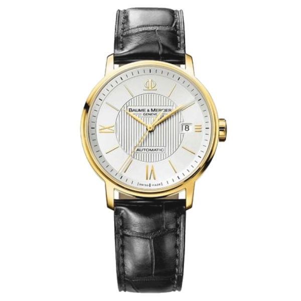 Baume et Mercier Classima automatic yellow gold watch silver dial brown leather strap 39 mm 08787