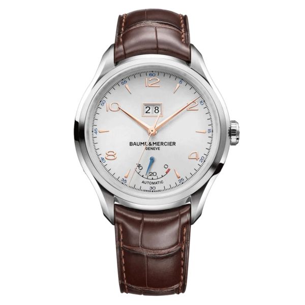 Baume et Mercier Clifton Power Reserve automatic watch white dial brown leather strap 43 mm 10205