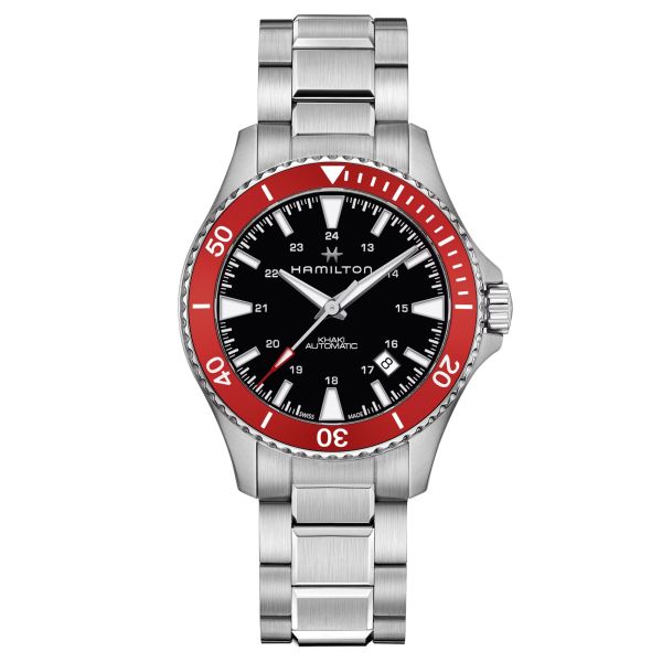 Montre Hamilton Khaki Navy Scuba automatique cadran noir lunette rouge bracelet acier 40 mm