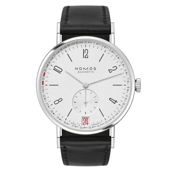 NOMOS Tangente 2date silver-white dial manual-wind black leather strap sapphire crystal back 37,5 mm