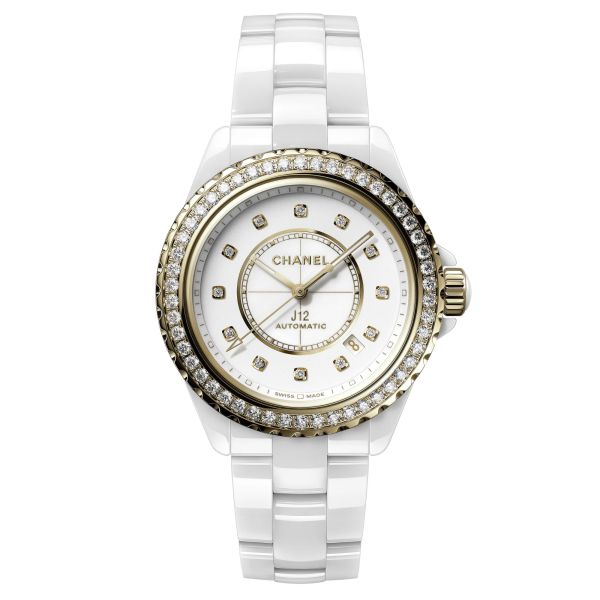 CHANEL J12 GOLD Calibre 12.1 automatic diamond hour-markers & bezel white dial white ceramic bracelet 38 mm