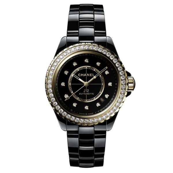 Montre CHANEL J12 GOLD Calibre 12.1 automatique index & lunette diamants cadran noir bracelet céramique noire 38 mm