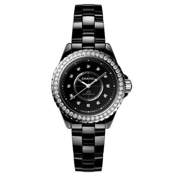 Montre CHANEL J12 Calibre 12.2 automatique index & lunette diamants cadran noir bracelet céramique noire 33 mm