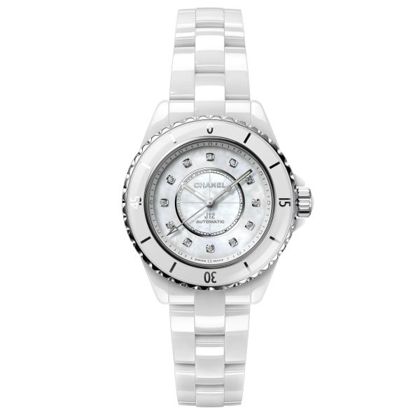 CHANEL J12 Calibre 12.2 automatic diamond hour markers white mother-of-pearl dial white ceramic bracelet 33 mm