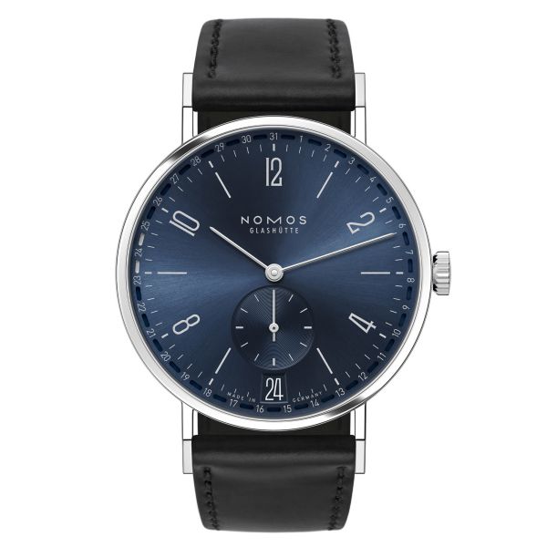 Montre NOMOS Tangente 2date cadran bleu mécanique bracelet cuir noir fond verre saphir 37,5 mm