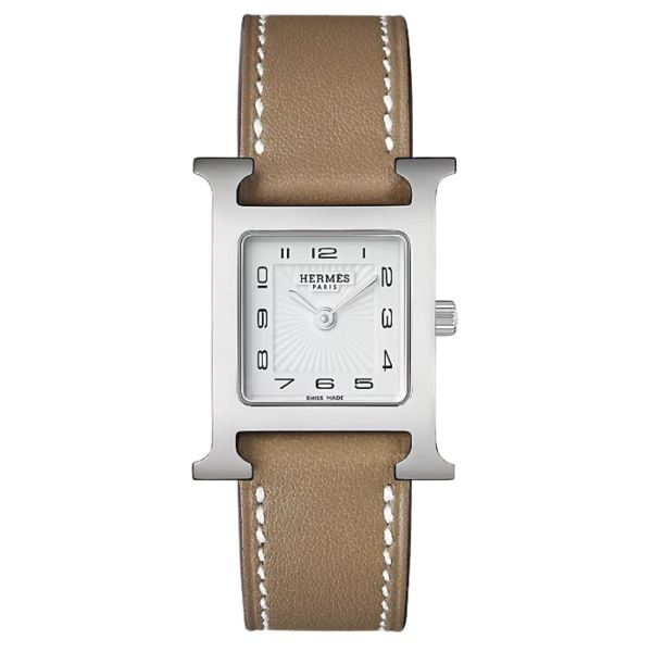 HERMÈS H Hour Small Model quartz white dial Swift taupe leather strap 25 mm