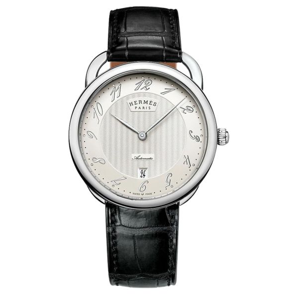 HERMÈS Arceau automatic watch white dial dark brown leather strap 40 mm