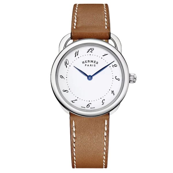 HERMÈS Arceau Grand Modèle quartz watch white lacquered dial brown leather strap 36 mm