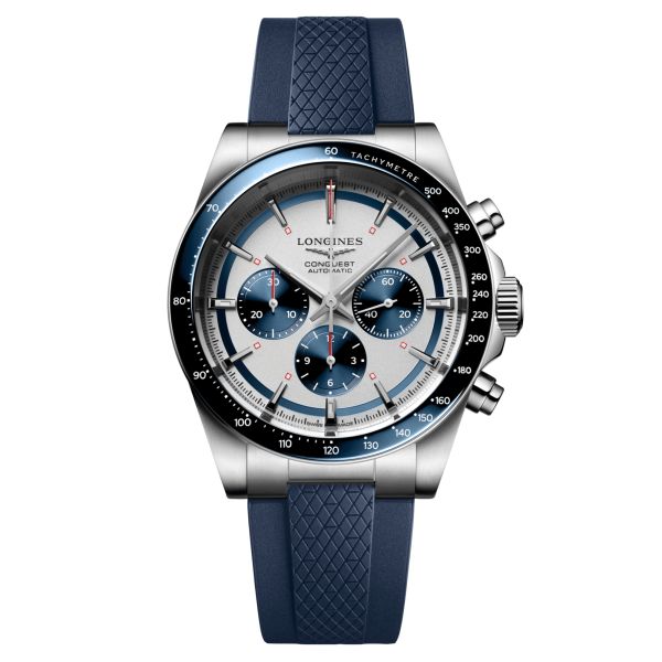 Longines Conquest Automatic Chronograph watch silver dial blue rubber strap 42 mm L3.835.4.98.9