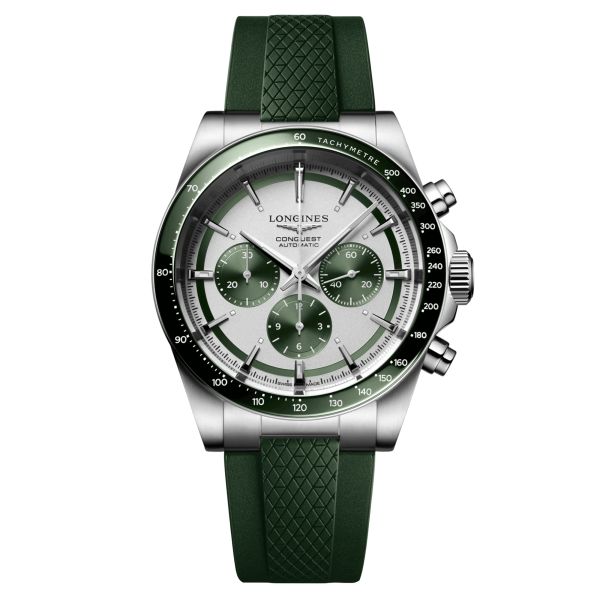 Longines Conquest Automatic Chronograph watch silver dial green rubber strap 42 mm