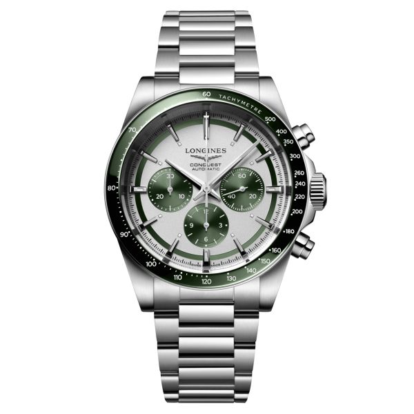 Longines Conquest automatic chronograph watch silver and green dial steel bracelet 42 mm L3.835.4.02.6