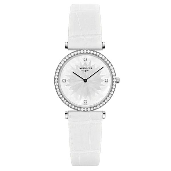 Longines Grande Classique quartz diamond index bezel set white mother-of-pearl dial white leather strap 29 mm L4.513.0.25.2