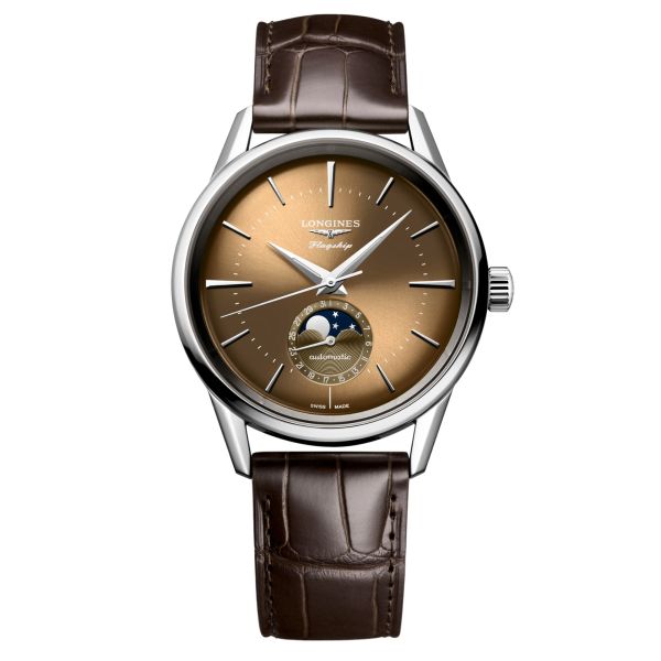 Longines Flagship Heritage automatic moon phase beige havana dial brown leather strap 38.5 mm