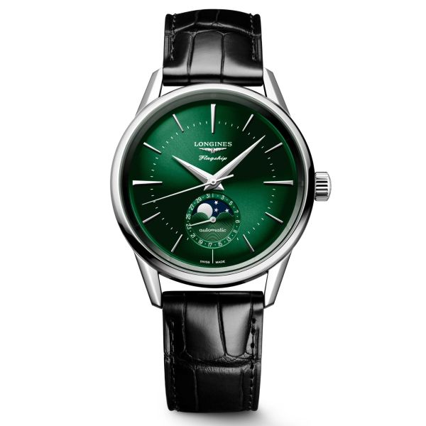 Longines Flagship Heritage automatic moon phase watch green dial black bracelet 38,5 mm