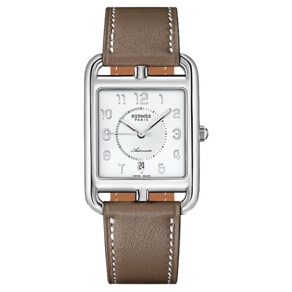 HERMÈS Cape Cod Grand Modèle automatic watch white dial taupe leather strap 37 mm