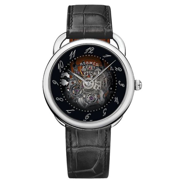 Montre HERMÈS Arceau automatique cadran noir squelette bracelet cuir noir foncé 40 mm