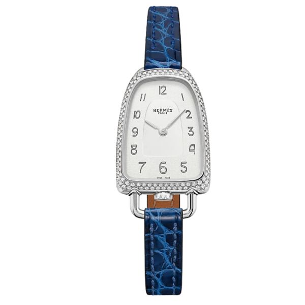 Montre HERMÈS Galop d'Hermès Moyen Modèle sertie quartz cadran argent bracelet cuir bleu 32 mm W053768WW00