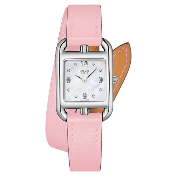 HERMÈS Cape Cod Small Model quartz watch silver dial double tour bracelet taupe leather 31 mm