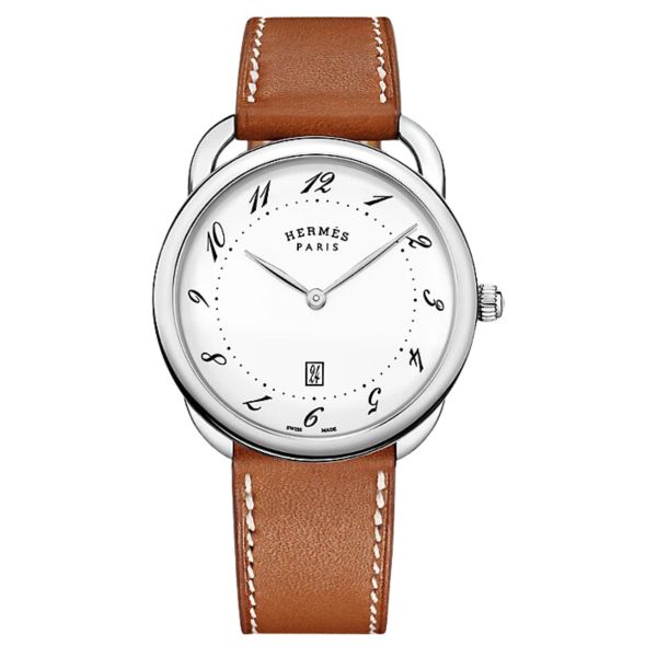 HERMÈS Arceau quartz watch white lacquered dial brown leather strap 40 mm