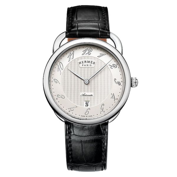 Montre HERMÈS Arceau mouvement manufacture cadran argenté bracelet cuir noir 40 mm