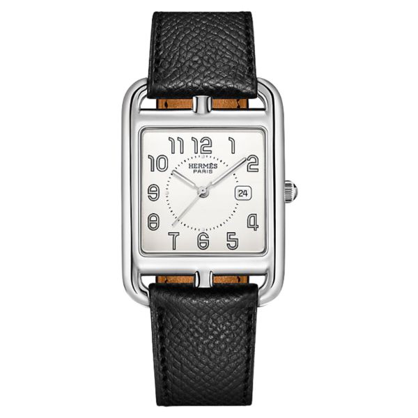 HERMÈS Cape Cod Grand Modèle quartz silver dial black leather strap 37 mm