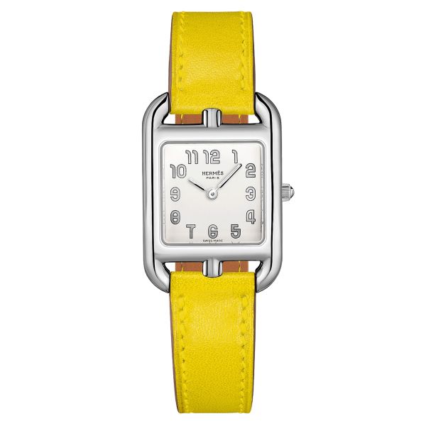 Montre HERMÈS Cape Cod Petit Modèle quartz cadran argenté bracelet cuir jaune de Naples 31 mm W055588WW00