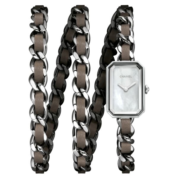 Montre CHANEL Première Rock quartz cadran nacre blanche bracelet triple-tour acier et cuir taupe 23,6 x 15,8 mm H4326