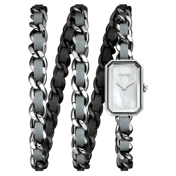 Montre CHANEL Première Rock quartz cadran nacre blanche bracelet triple-tour acier et cuir gris 23,6 x 15,8 mm H4327