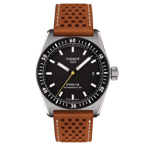 Tissot T-Sport PR 516 Powermatic 80 watch black dial brown leather strap 38 mm T149.407.16.051.00