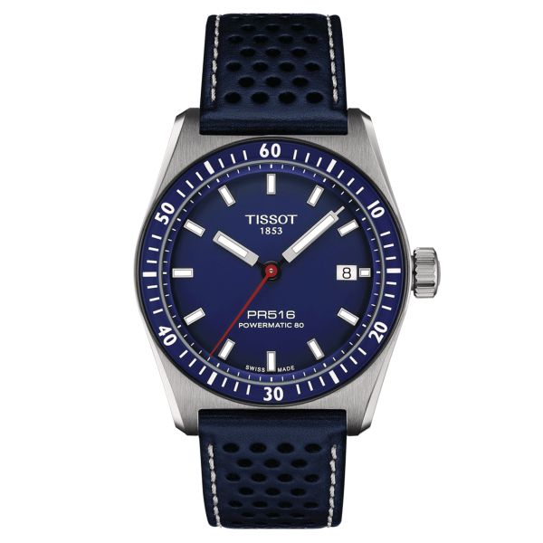 Montre Tissot T-Sport PR 516 Powermatic 80 cadran bleu bracelet cuir bleu 38 mm T149.407.16.041.00