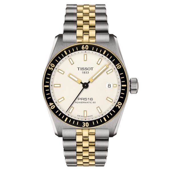 Montre Tissot T-Sport PR 516 Powermatic 80 cadran blanc bracelet acier pvd or jaune 38 mm T149.407.22.011.00