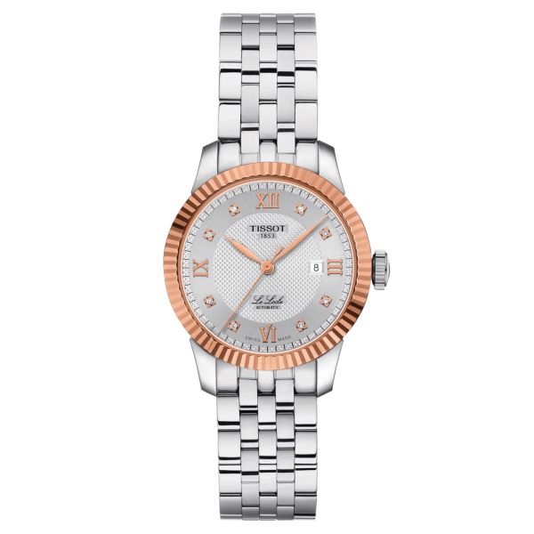 Montre Tissot Le Locle Or Rose automatique index diamants cadran argent bracelet acier 29 mm T932.207.41.036.00