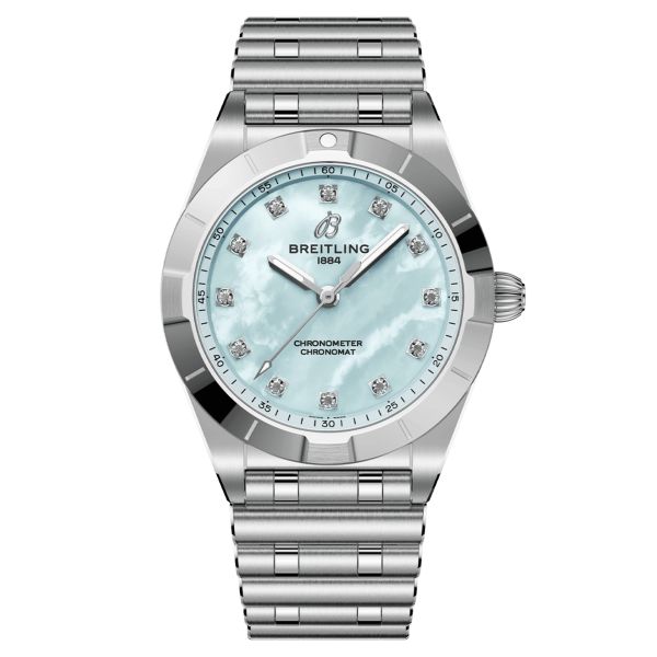 Breitling Chronomat quartz watch diamond index blue mother-of-pearl dial steel bracelet 28 mm A72310101C1A1