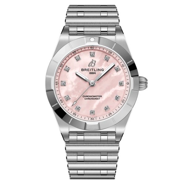 Breitling Chronomat quartz watch diamond index pink mother-of-pearl dial steel bracelet 28 mm A72310101K1A1