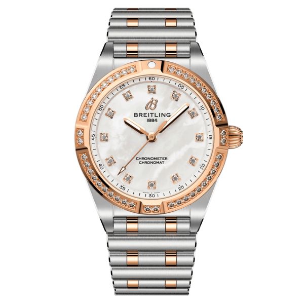 Breitling Chronomat quartz watch bezel set with diamond hour markers white mother-of-pearl dial 28 m U72310531A1U1