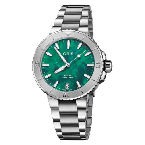 Montre Oris x Bracenet Aquis Date automatique cadran vert bracelet acier 36,5 mm