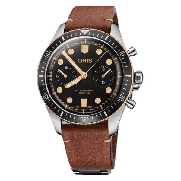 Montre Oris Divers Sixty-Five Chronographe Bronze automatique cadran noir bracelet cuir 43 mm