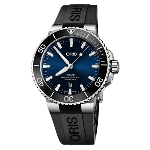 Oris Aquis Date automatic blue dial black rubber strap 43.5 mm