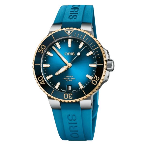 Montre Oris Aquis Date Calibre 400 Or et Acier automatique cadran bleu bracelet caoutchouc 41,5 mm