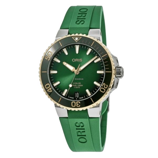 Montre Oris Aquis Date Calibre 400 Or et Acier automatique cadran vert bracelet caoutchouc 41,5 mm