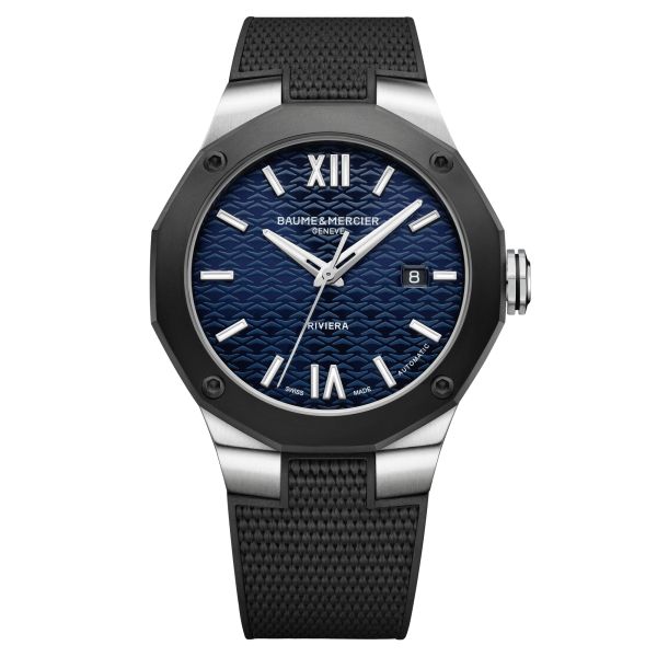 Baume et Mercier Riviera ADLC black automatic watch blue dial black rubber strap 42 mm 10768