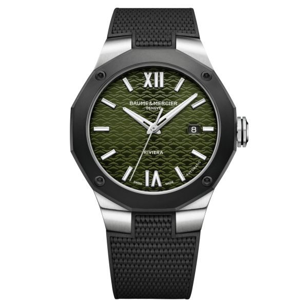 Baume et Mercier Riviera ADLC black automatic watch green dial black rubber strap 42 mm 10763