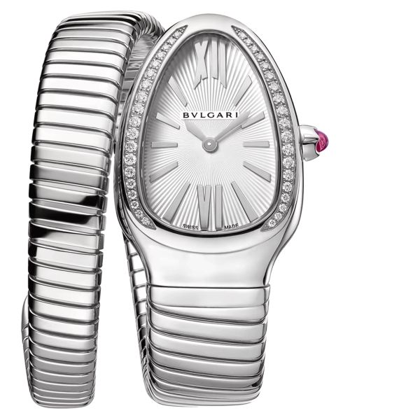 Bulgari Serpenti Tubogas S quartz watch bezel set white dial steel bracelet 35 mm 101816