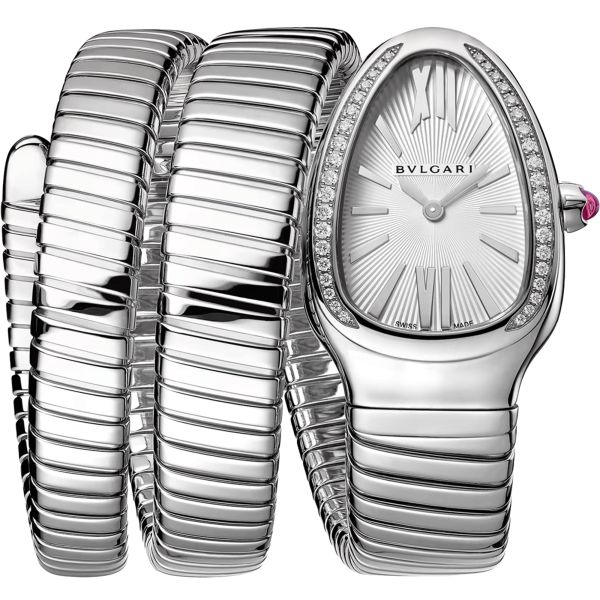 Bulgari Serpenti Tubogas S quartz watch bezel set white dial stainless steel bracelet double tour 35 mm 101910